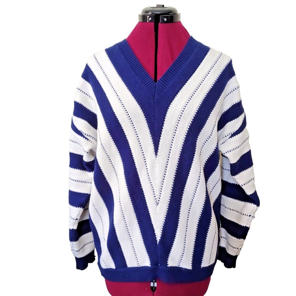 PrettyGarden Women's XL V Neck Sweater Blue White Striped Pullover L